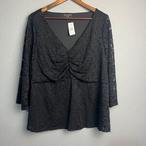 Lane Bryant Babydoll Black Lace Blouse Plus Size 16‎ V-Neck 3/4 Sleeve Elegant